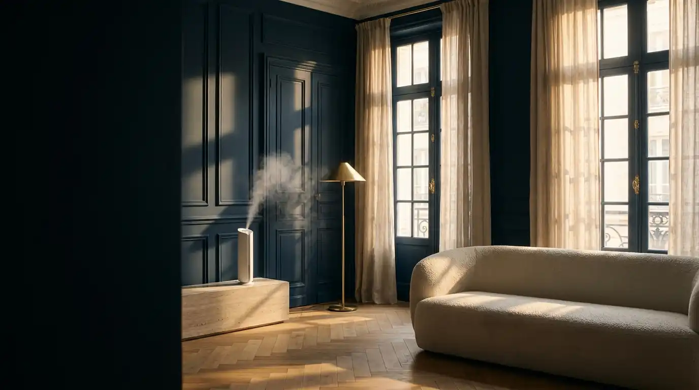 A navy-panelled living room in late afternoon light, an AromaSphere diffusing a fine mist beside the window